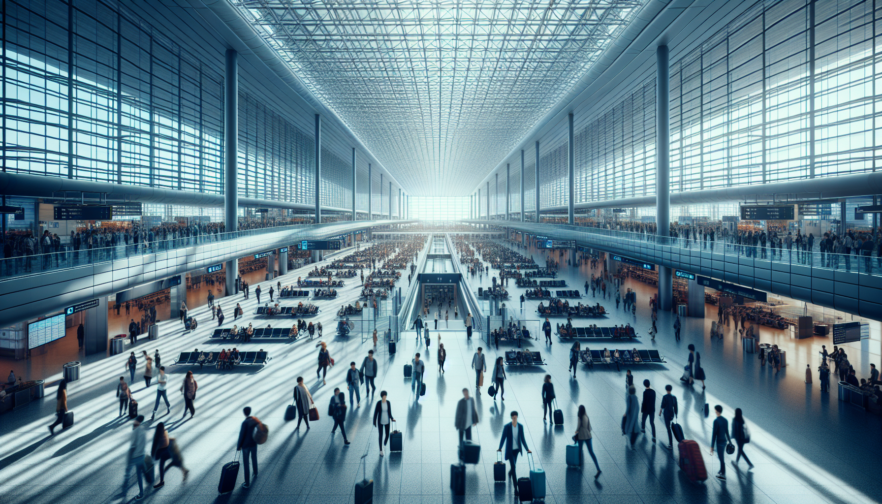 Wide-angle view of a busy airport terminal interior with travelers walking through a modern concourse