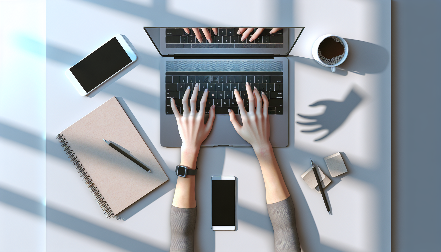 Overhead view of hands typing on laptop keyboard with coffee cup and notepad on desk