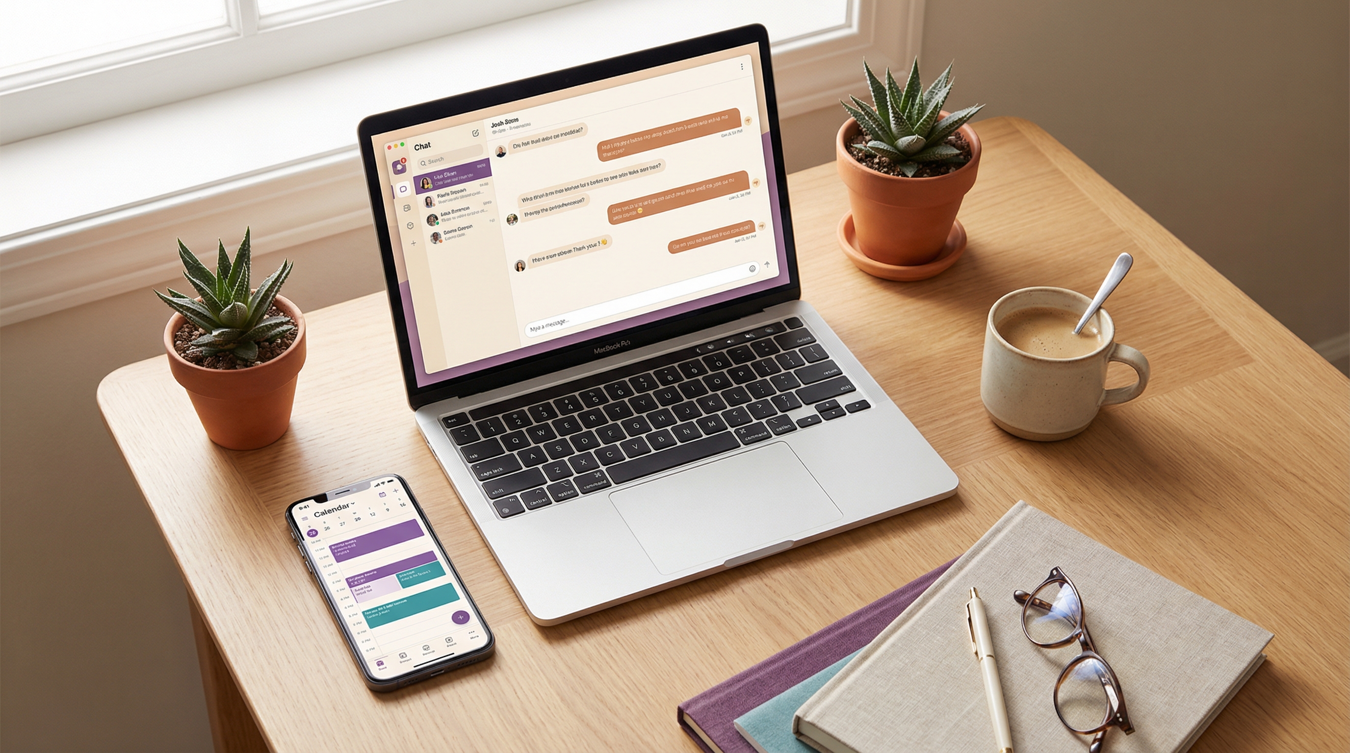 Workspace desk with laptop showing chat conversation and phone with calendar app